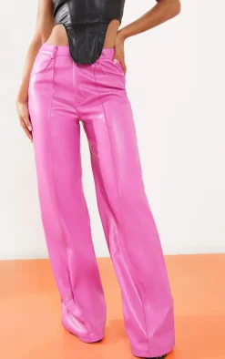 Pink Faux Leather Seam Detail Extreme Wide Leg Pants