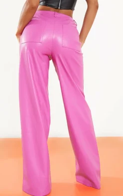 Pink Faux Leather Seam Detail Extreme Wide Leg Pants