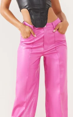 Pink Faux Leather Seam Detail Extreme Wide Leg Pants