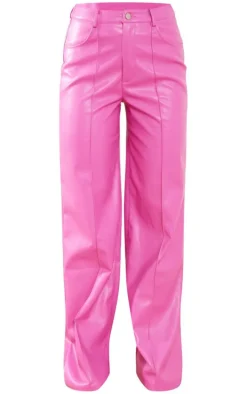 Pink Faux Leather Seam Detail Extreme Wide Leg Pants