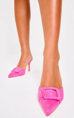 Pink Faux Suede Wide Fit Buckle Point Toe Heeled Mules