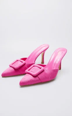 Pink Faux Suede Wide Fit Buckle Point Toe Heeled Mules