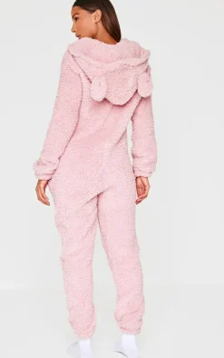 Pink Fleece Teddy Ears Hooded Onesie