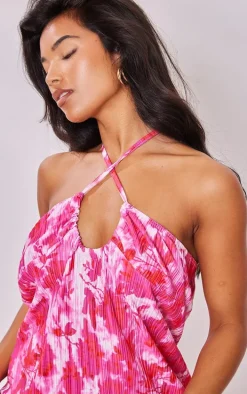 Pink Floral Abstract Print Sheer Plisse Halterneck Shift Dress