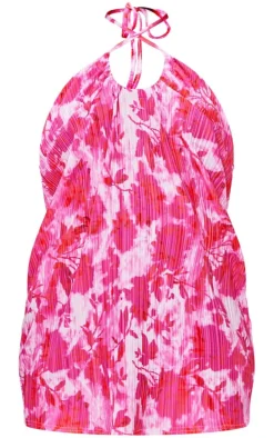 Pink Floral Abstract Print Sheer Plisse Halterneck Shift Dress