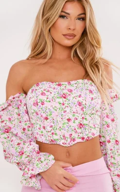 Pink Floral Boned Bardot Crop Top