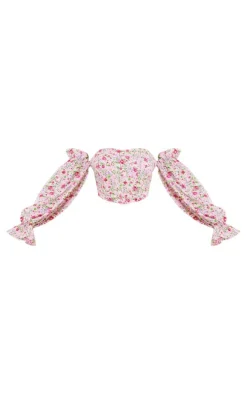 Pink Floral Boned Bardot Crop Top