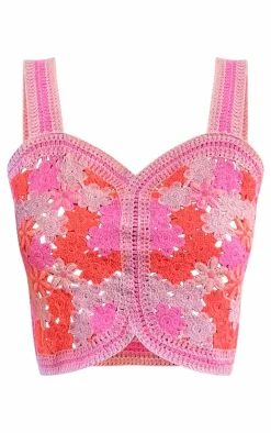 Pink Floral Crochet Stitch Detail Crop Top