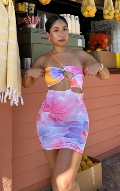 Pink Floral Cut Out Asymmetric Strap Bodycon Dress