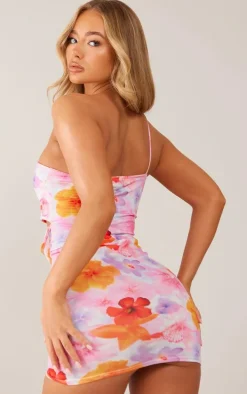 Pink Floral Cut Out Asymmetric Strap Bodycon Dress