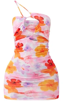 Pink Floral Cut Out Asymmetric Strap Bodycon Dress