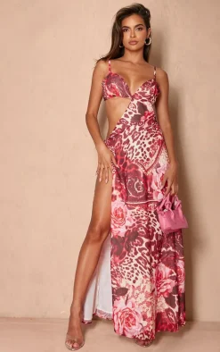 Pink Floral Print Chiffon Cami Cut Out Split Leg Maxi Dress