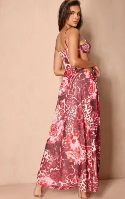 Pink Floral Print Chiffon Cami Cut Out Split Leg Maxi Dress