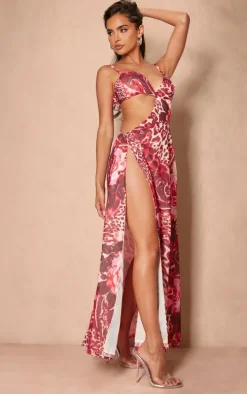 Pink Floral Print Chiffon Cami Cut Out Split Leg Maxi Dress