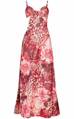 Pink Floral Print Chiffon Cami Cut Out Split Leg Maxi Dress