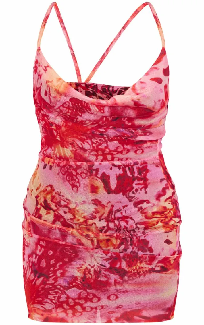 Pink Floral Print Cowl Neck Asymmetric Mini Dress
