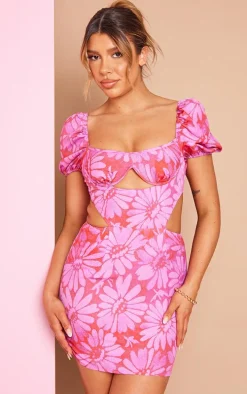 Pink Floral Print Cup Detail Bodycon Dress