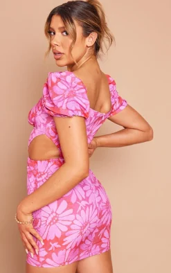Pink Floral Print Cup Detail Bodycon Dress