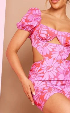 Pink Floral Print Cup Detail Bodycon Dress