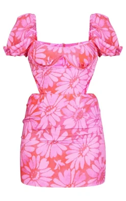 Pink Floral Print Cup Detail Bodycon Dress