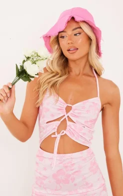 Pink Floral Print Cut Out Frill Hem Halterneck Shift Dress