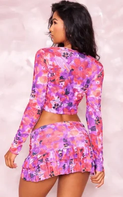 Pink Floral Print Devore Drape Long Sleeve Top