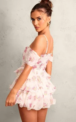 Pink Floral Print Dobby Textured Chiffon Frilly Romper