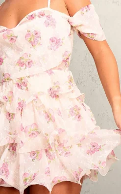 Pink Floral Print Dobby Textured Chiffon Frilly Romper
