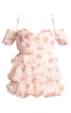 Pink Floral Print Dobby Textured Chiffon Frilly Romper