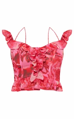 Pink Floral Print Frill Detail Crop Top