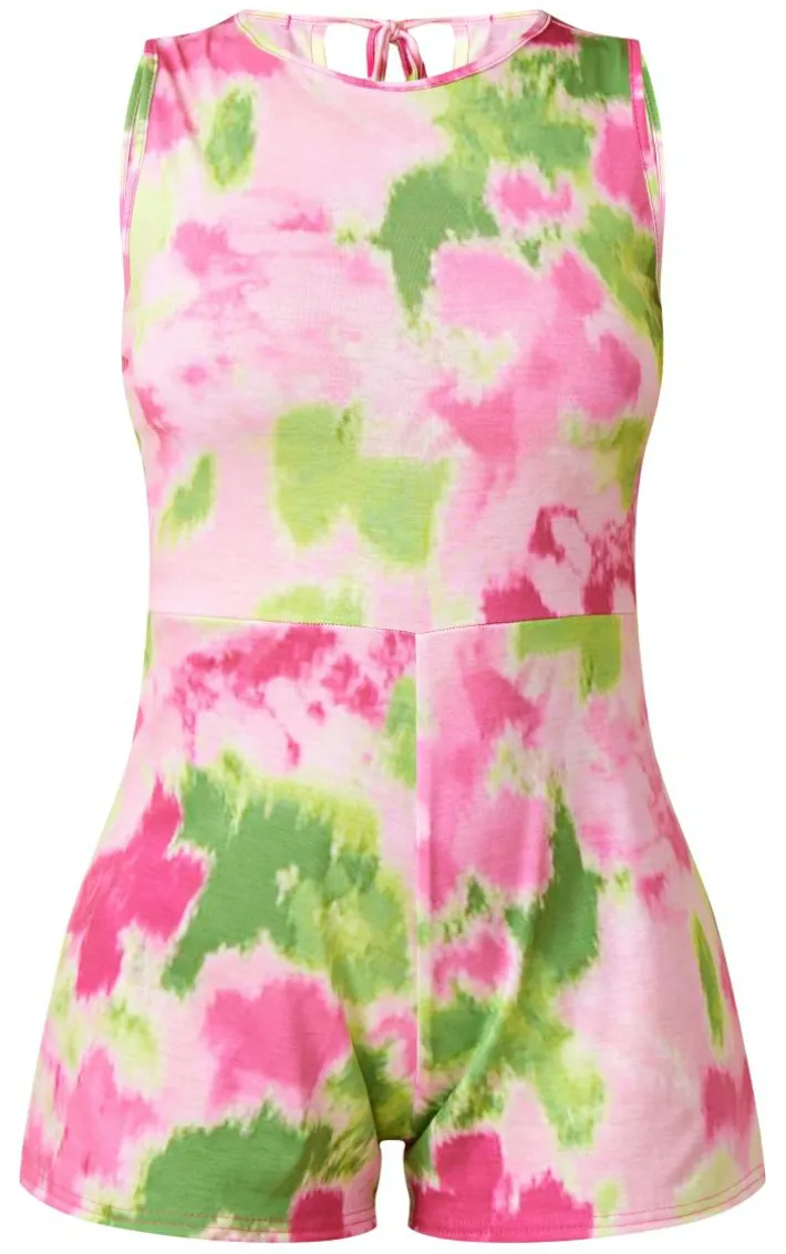 Pink Floral Print Jersey Tie Back Detail Romper