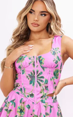 Pink Floral Print Linen Look Corset