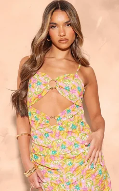 Pink Floral Print Linen Look Trim Detail Cut Out Maxi Dress