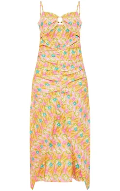 Pink Floral Print Linen Look Trim Detail Cut Out Maxi Dress