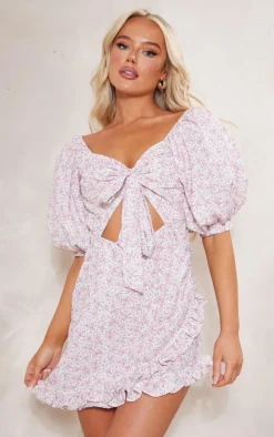 Pink Floral Print Puff Sleeve Tie Front Bodycon Dress