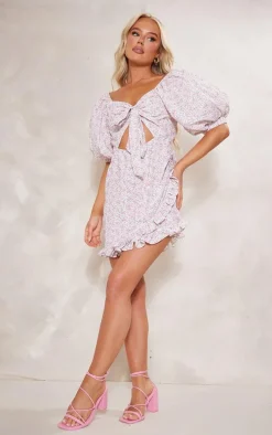 Pink Floral Print Puff Sleeve Tie Front Bodycon Dress