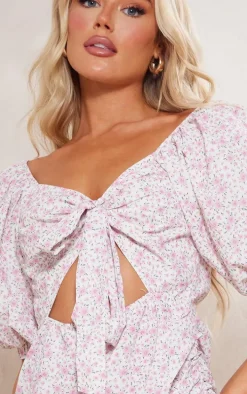 Pink Floral Print Puff Sleeve Tie Front Bodycon Dress