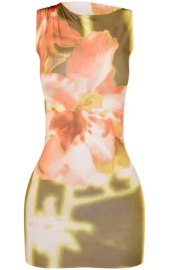 Pink Floral Print Slinky Racer Neck Mini Dress