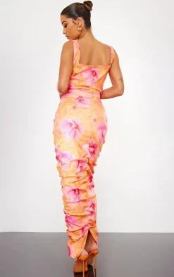 Pink Floral Printed Extreme Ruched Midaxi Dress