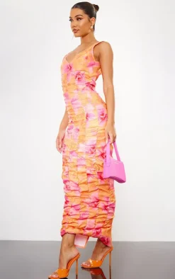 Pink Floral Printed Extreme Ruched Midaxi Dress