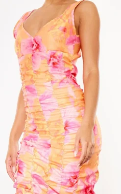 Pink Floral Printed Extreme Ruched Midaxi Dress