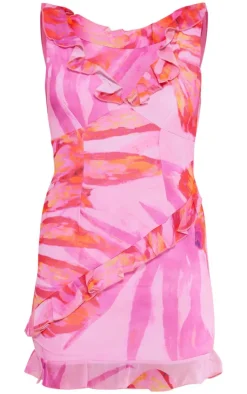 Pink Floral Printed Frill Detail Chiffon Mini Dress