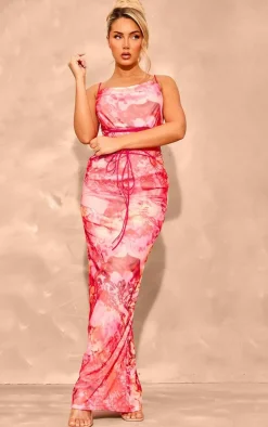 Pink Floral Printed Mesh Cowl Neck Maxi Dress