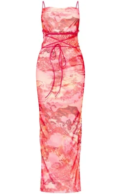 Pink Floral Printed Mesh Cowl Neck Maxi Dress