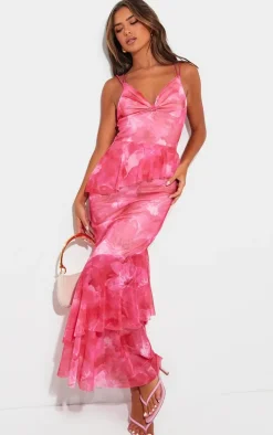 Pink Floral Printed Mesh Frill Midaxi Dress
