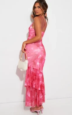 Pink Floral Printed Mesh Frill Midaxi Dress
