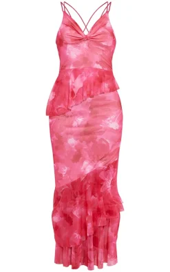 Pink Floral Printed Mesh Frill Midaxi Dress