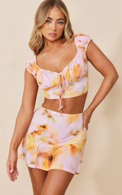 Pink Floral Printed Slinky Split Hem Micro Mini Skirt