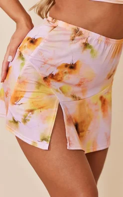 Pink Floral Printed Slinky Split Hem Micro Mini Skirt