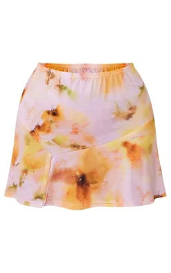 Pink Floral Printed Slinky Split Hem Micro Mini Skirt